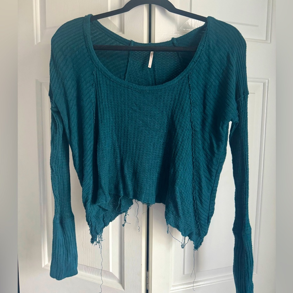 Free People Teal Distressed Hem Blouse